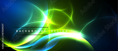 Bright abstract lines create dynamic energy. Blue, green, yellow hues blend, forming flowing shapes against dark backdrop. Modern design element.