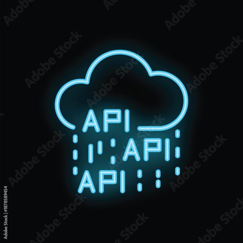 Blue neon icon of a cloud raining apis, representing the concept of application programming interface