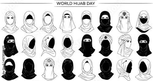 World Hijab Day Black  White Line Art Vector Illustration of Diverse Muslim Women's Head Coverings. Hijab, Niqab, and Turban Fashion  Cultural Portraits