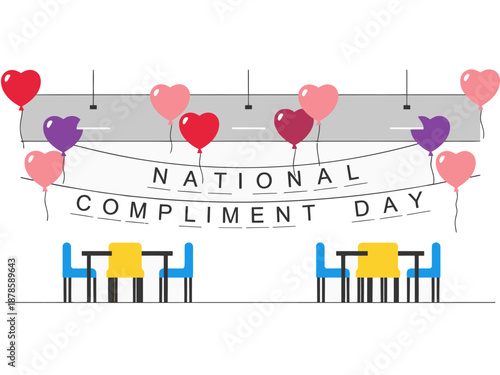 Celebrate National Compliment Day! A festive community room decorated with balloons and a banner. Bright, cheerful, and perfect for positive messaging. Ideal for social media or promotional use.