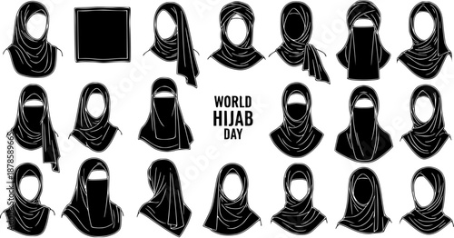 Islamic Culture  Diversity: Black and White Silhouette Vector Icons of Diverse Hijab Styles for World Hijab Day. Muslim Women's Head Coverings.