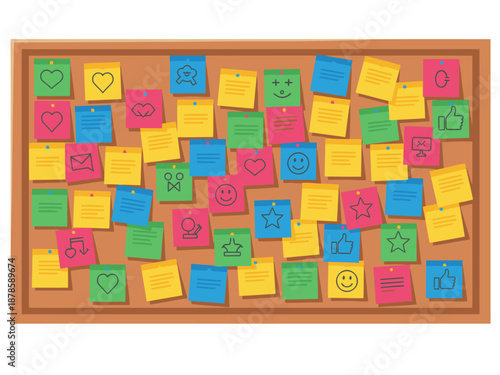 A colorful bulletin board displays numerous positive sticky notes. Bright, cheerful, and ideal for illustrating feedback, motivation, or collaboration. Great for business and creative concepts.