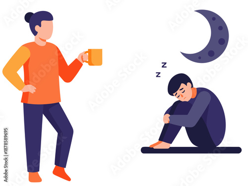 A contrasting lifestyle scene: a woman enjoys a relaxing evening with tea, while a man sleeps deeply. Illustrates opposite routines. Modern, flat design.