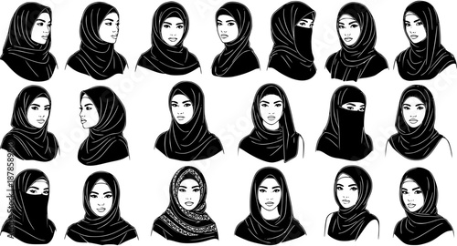 Black and White Line Art Illustration of Diverse Muslim Women Wearing Hijabs, Niqabs, and Veils for Cultural, Religious  Fashion Concepts