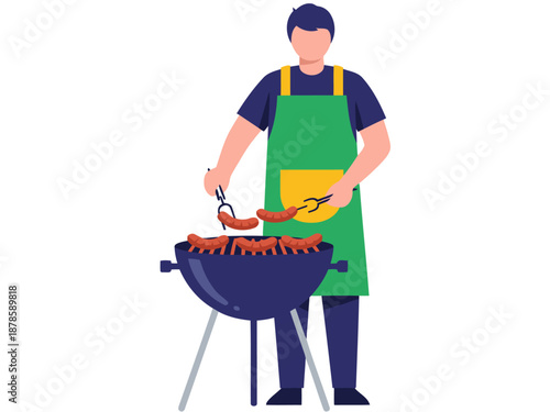 A man grills sausages at an Australia celebration BBQ. He wears an apron and stands beside a grill. Flat design illustration.