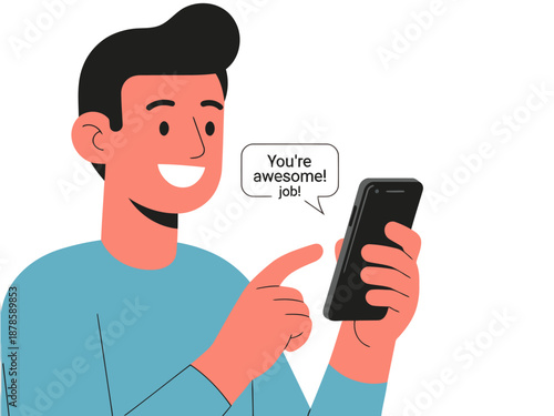 A smiling young man receives a digital compliment on his phone. Bright, friendly illustration with a positive message. Perfect for digital marketing and social media.