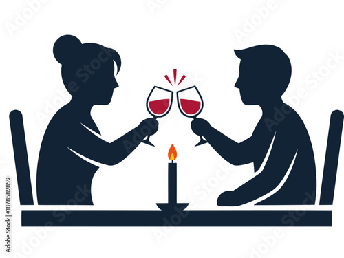 Silhouetted couple shares a romantic dinner and toast. A warm candle illuminates their intimate moment. Perfect for Valentine's Day or relationship themes.