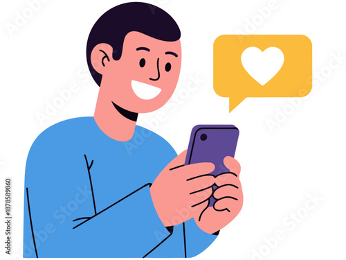 A smiling young man uses a smartphone to send a digital compliment. A heart icon appears in a speech bubble. Modern, friendly illustration.