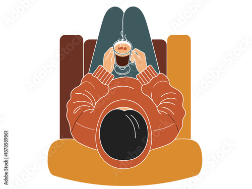 A relaxed individual enjoys a warm coffee in a cozy armchair. Soft colors and a comfortable setting evoke a sense of peace and tranquility. Perfect for lifestyle and wellness visuals.