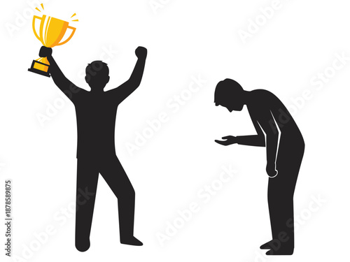 A striking silhouette illustrates the contrast between winning and losing. A triumphant figure holds a trophy, while a slumped figure gestures in defeat. High contrast, symbolic imagery.
