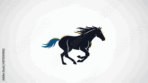 Silhouette of a black horse running with a blue tail.