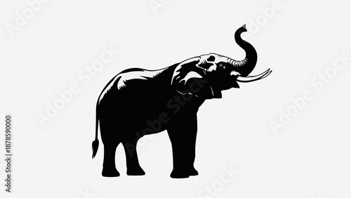 Silhouette of an elephant with its trunk raised.