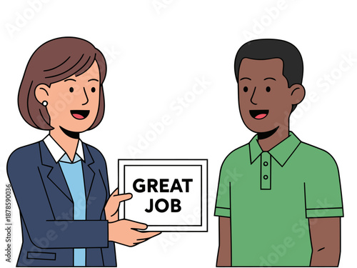A woman and man exchange a sign reading 'Great Job,' symbolizing employee appreciation and success. Bright, positive office setting.