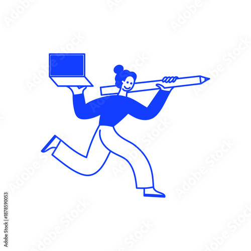 Vector illustration in simple linear hand drawn style, girl holding pencil and laptop, freelance graphic designer concept