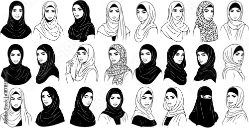 Black  White Line Art Vector Set: Diverse Muslim Women Wearing Various Hijab  Niqab Styles, Representing Culture, Modest Fashion  Identity.