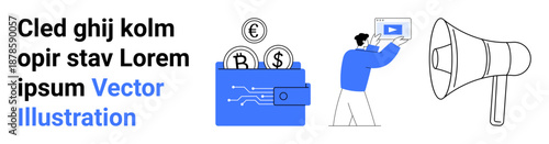 Man streaming video, e-wallet with digital currency symbols, and megaphone. Ideal for finance, marketing, advertising, communication, technology, content creation simple landing page