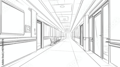 Empty Hospital Corridor with Doors and Windows.