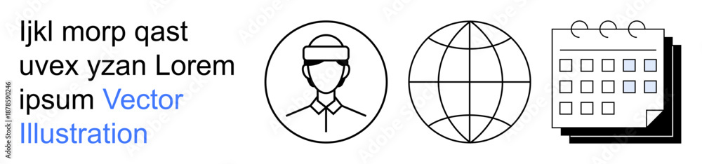 Fototapeta premium Global communication, time management, professional identity, organization, networking, scheduling. A globe, a calendar and a person avatar icon. Global communication and time management concept