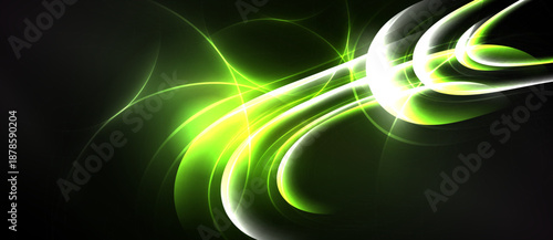 Abstract luminous curves, vibrant green energy flows across dark background. Dynamic composition creates futuristic feel.