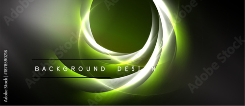 Abstract design features swirling green, silver light. Dark background emphasizes luminous curves, creating dynamic visual impact. Text reads background design.