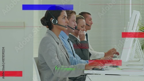 Animation of colorful glitch effect over team of diverse customer care executives working at office