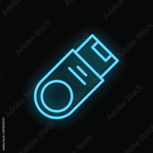 Bright glowing blue neon usb flash drive memory stick icon on a black background