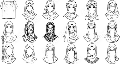 Collection of diverse Islamic women's head coverings: hijab, niqab, and burqa. Black  white line art vector illustration for Muslim fashion and culture.