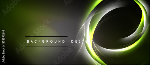 Abstract design features swirling neon lines. Gradient shades transition from dark to vibrant green. Text reads background design.