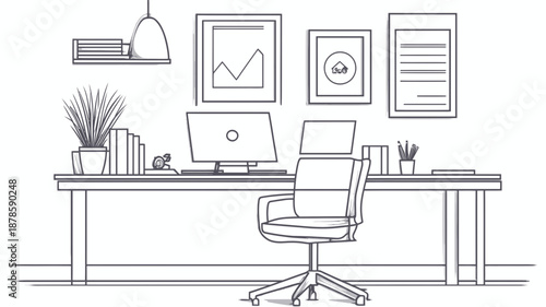 Modern Office Workspace with Computer and Chair.