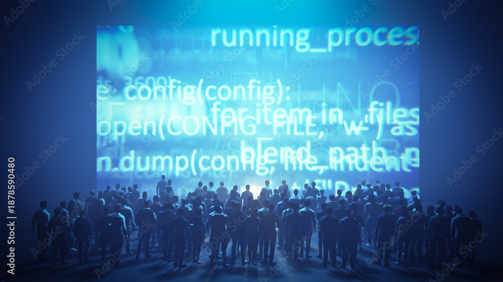 Naklejka premium Audience watching presentation on screen displaying data programming code