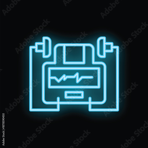 Glowing neon icon of a medical device showing heartbeat on a black background