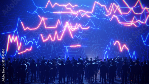 A large group of people observing a complex data visualization of financial trends © Photocreo Bednarek