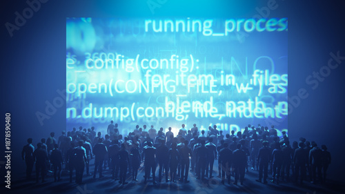 Audience watching presentation on screen displaying data programming code © Photocreo Bednarek