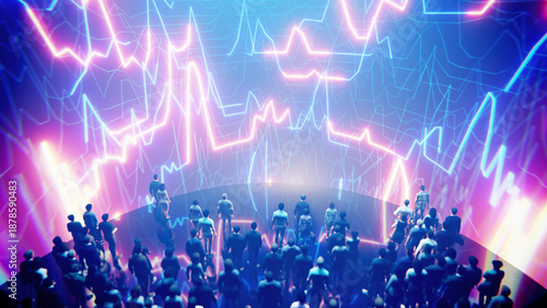 Crowd of business people watching financial data charts and graphs on a large screen © Photocreo Bednarek