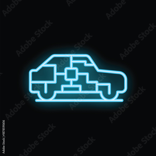 Glowing neon blue icon of an electric car, symbolizing innovation in the automotive industry