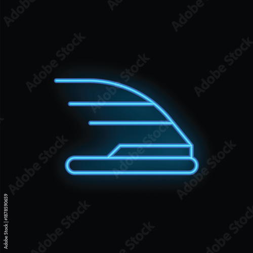 Blue neon sign of a train speeding with motion blur lines on a black background