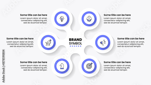 Infographic template. 6 connected circles with icons