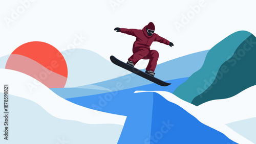 Red Snowboarder Jumping Vector Illustration on a Snowy Mountain with a Sun Set