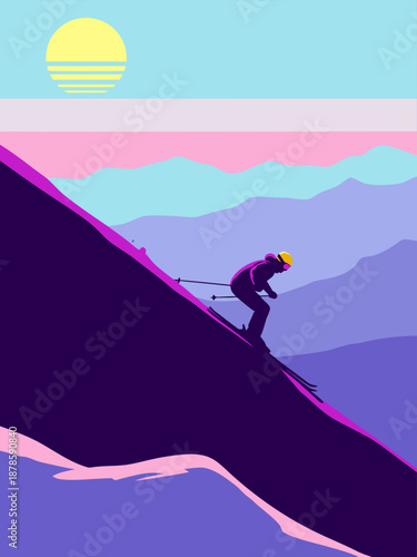 Retro Sunset Skiing Vector Illustration - A Skier Descends a Snowy Slope Against a Colorful, Stylized Mountain Landscape