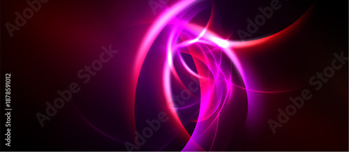 Abstract vibrant energy swirls, magenta hues dominate dark background. Dynamic light creates flowing patterns, captivating visual experience.