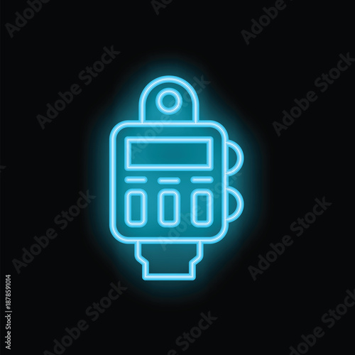 Neon icon of electronic device with buttons and screen glowing blue on black background