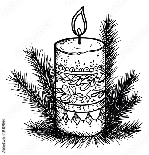 Hand drawn line art illustration of a decorated Christmas candle depicting a burning flame and fir branches for holiday greetings