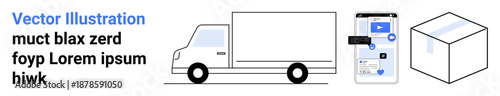 Logistics, delivery services, e-commerce, parcel tracking, online orders, freight management. Minimalist truck, smartphone with tracking app parcel box. Logistics and delivery services concept