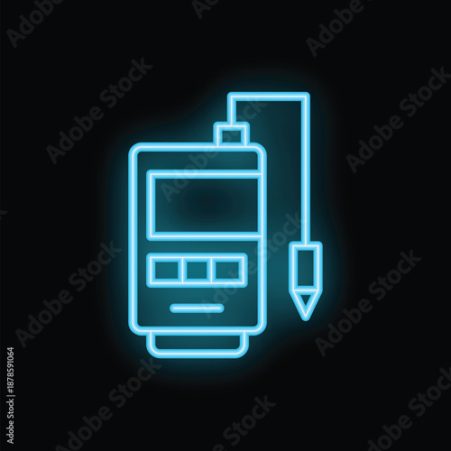 Glowing blue neon icon of a digital signature pad for signing electronic documents