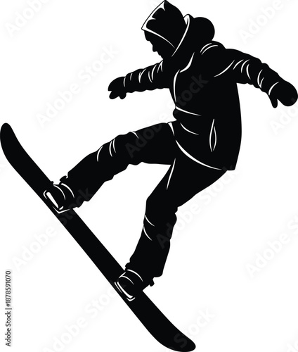 Black silhouette of a snowboarder jumping, extreme winter sports vector illustration, active person snowboarding in mountains, isolated on white background, outdoor activity.