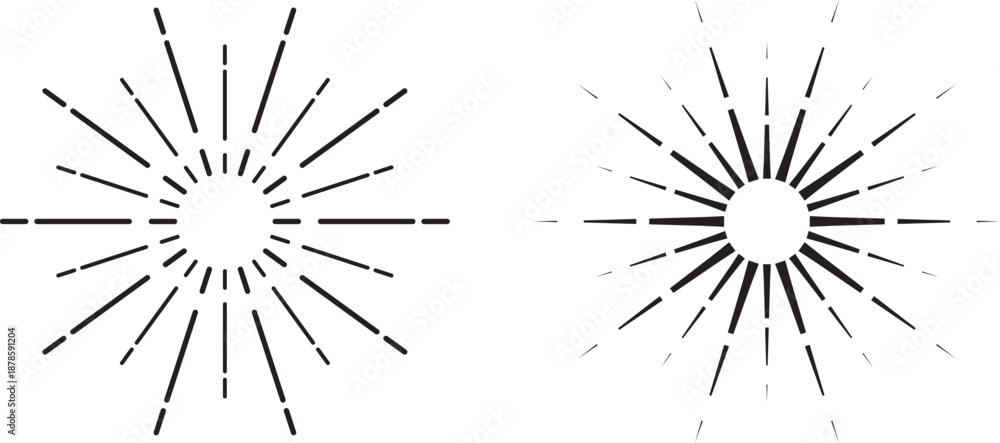 Obraz premium Retro sunburst vector set with radial starburst lines and abstract sunshine rays graphic. Black and white illustration.