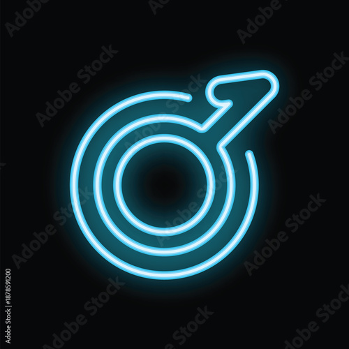 Blue neon male gender symbol glowing on dark background