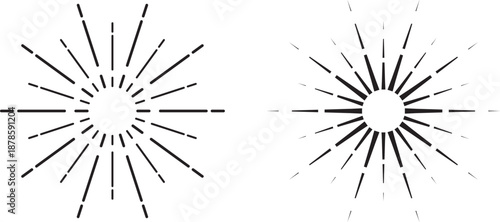 Retro sunburst vector set with radial starburst lines and abstract sunshine rays graphic. Black and white illustration.