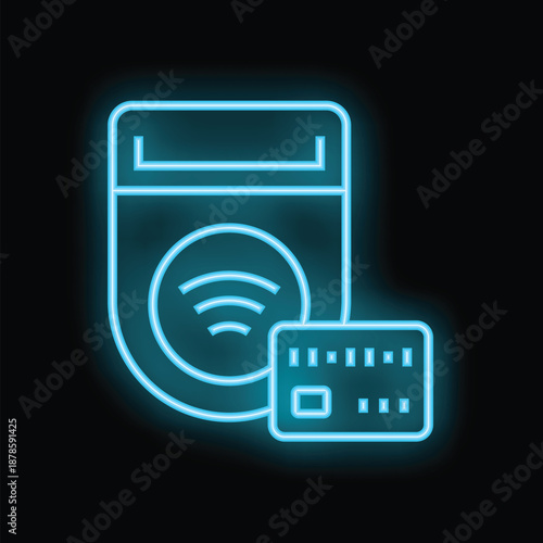 Glowing blue neon icon of a contactless payment terminal accepting a credit card