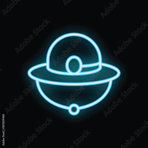 Blue neon sign of a classic ufo flying saucer with glowing lights on black background